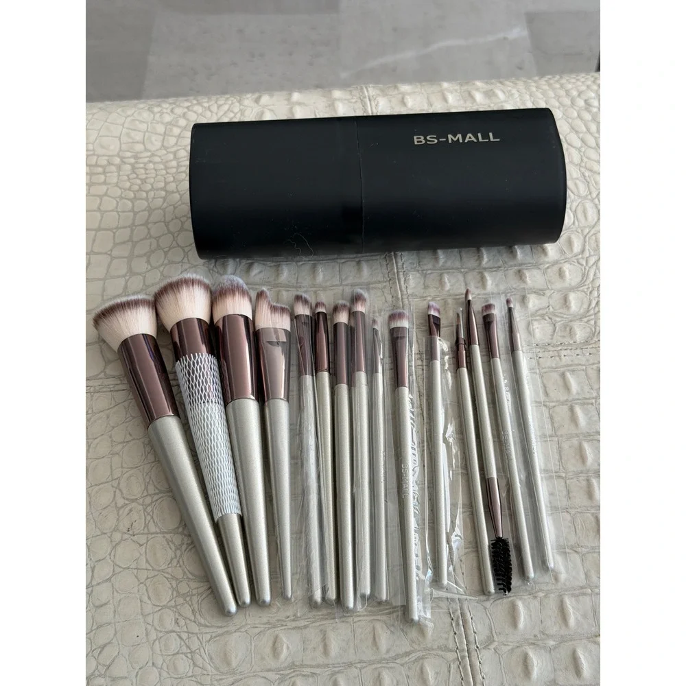 BS MALL Makeup Brush Set 15 Piece Professional Cosmetic Brushes Black Holder NWT